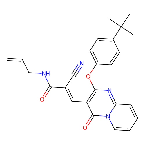 (2E)-3-[2-(4-tert-butylphenoxy)-4-oxo-4H-pyrido[1,2-a]pyrimidin-3-yl]-2-cyano-N-(prop-2-en-1-yl)prop-2-enamide structure