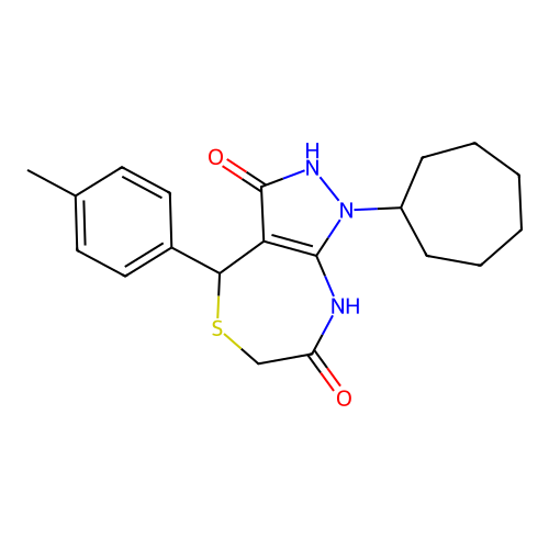 1-cycloheptyl-7-hydroxy-4-(4-methylphenyl)-1,2,4,6-tetrahydro-3H-pyrazolo[3,4-e][1,4]thiazepin-3-one structure