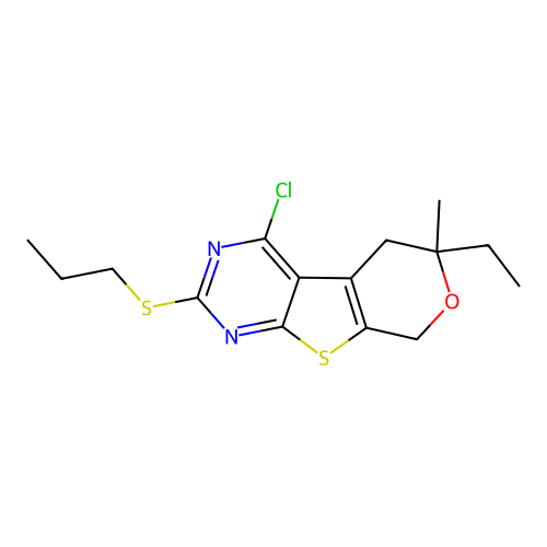 4-chloro-6-ethyl-6-methyl-2-(propylsulfanyl)-5,8-dihydro-6H-pyrano[4',3':4,5]thieno[2,3-d]pyrimidine structure