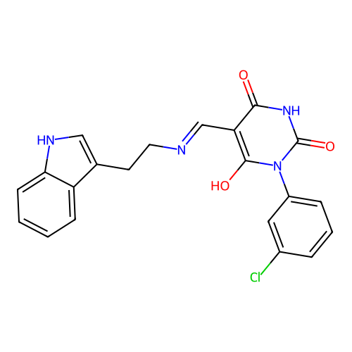 (5Z)-1-(3-chlorophenyl)-5-({[2-(1H-indol-3-yl)ethyl]amino}methylidene)pyrimidine-2,4,6(1H,3H,5H)-trione structure
