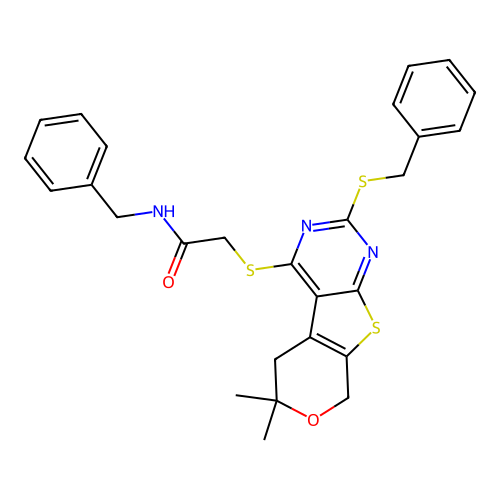 N-benzyl-2-((2-(benzylthio)-6,6-dimethyl-6,8-dihydro-5H-pyrano[4',3':4,5]thieno[2,3-d]pyrimidin-4-yl)thio)acetamide structure