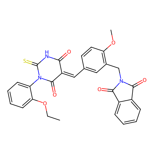 (E)-2-(5-((1-(2-ethoxyphenyl)-4,6-dioxo-2-thioxotetrahydropyrimidin-5(2H)-ylidene)methyl)-2-methoxybenzyl)isoindoline-1,3-dione structure
