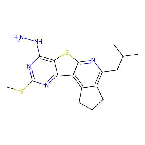 7-hydrazinyl-4-(2-methylpropyl)-9-(methylsulfanyl)-2,3-dihydro-1H-cyclopenta[4',5']pyrido[3',2':4,5]thieno[3,2-d]pyrimidine structure