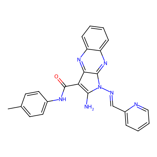 (E)-2-amino-1-((pyridin-2-ylmethylene)amino)-N-(p-tolyl)-1H-pyrrolo[2,3-b]quinoxaline-3-carboxamide structure
