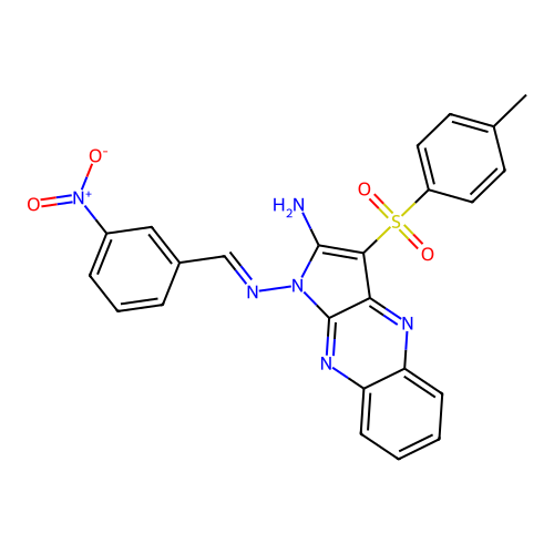 (E)-N1-(3-nitrobenzylidene)-3-tosyl-1H-pyrrolo[2,3-b]quinoxaline-1,2-diamine structure