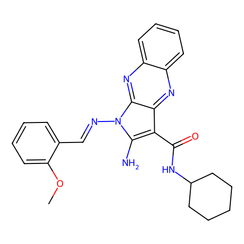(E)-2-amino-N-cyclohexyl-1-((2-methoxybenzylidene)amino)-1H-pyrrolo[2,3-b]quinoxaline-3-carboxamide structure
