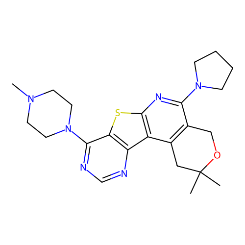 2,2-dimethyl-8-(4-methylpiperazin-1-yl)-5-(pyrrolidin-1-yl)-1,4-dihydro-2H-pyrano[4'',3'':4',5']pyrido[3',2':4,5]thieno[3,2-d]pyrimidine structure
