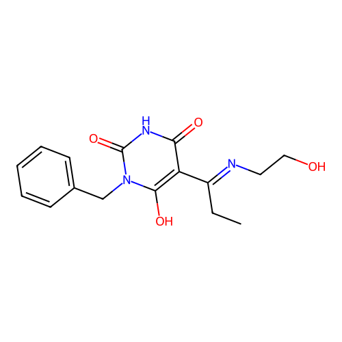 1-benzyl-5-[1-(2-hydroxyethylamino)propylidene]-1,3-diazinane-2,4,6-trione structure