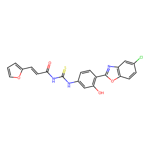 (2E)-N-({[4-(5-chlorobenzoxazol-2-yl)-3-hydroxyphenyl]amino}thioxomethyl)-3-(2 -furyl)prop-2-enamide structure