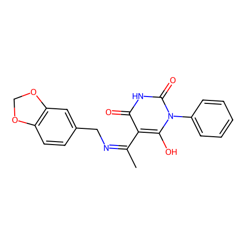 (5E)-1-phenyl-5-[1-(piperonylamino)ethylidene]barbituric acid structure