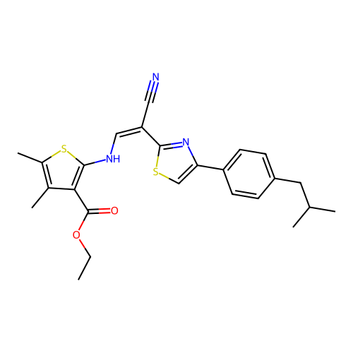 (Z)-ethyl 2-((2-cyano-2-(4-(4-isobutylphenyl)thiazol-2-yl)vinyl)amino)-4,5-dimethylthiophene-3-carboxylate structure