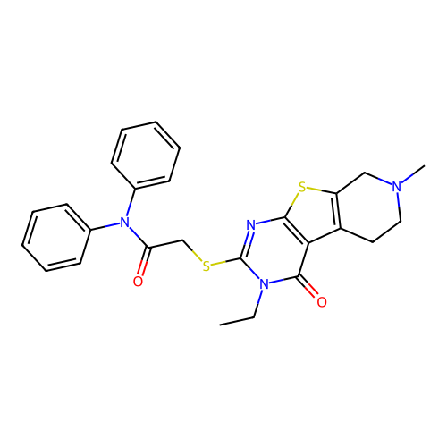 2-((3-ethyl-7-methyl-4-oxo-3,4,5,6,7,8-hexahydropyrido[4',3':4,5]thieno[2,3-d]pyrimidin-2-yl)thio)-N,N-diphenylacetamide structure