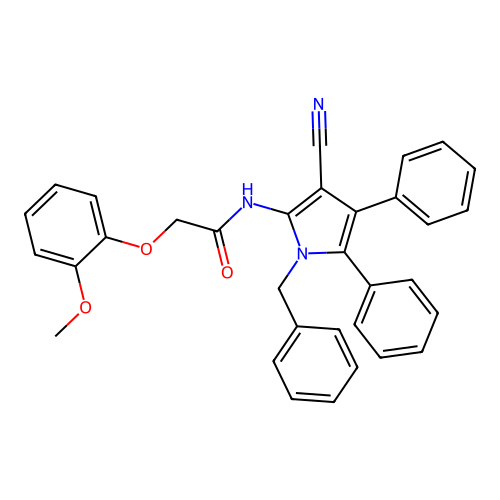 N-(1-benzyl-3-cyano-4,5-diphenyl-1H-pyrrol-2-yl)-2-(2-methoxyphenoxy)acetamide structure