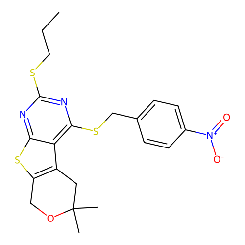 6,6-dimethyl-4-((4-nitrobenzyl)thio)-2-(propylthio)-6,8-dihydro-5H-pyrano[4',3':4,5]thieno[2,3-d]pyrimidine structure