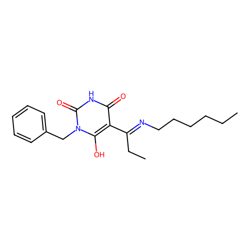 (5E)-3-benzyl-5-[1-(hexylamino)propylidene]-6-hydroxypyrimidine-2,4(3H,5H)-dione structure