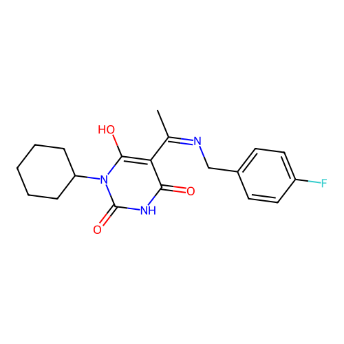(E)-1-cyclohexyl-5-(1-((4-fluorobenzyl)amino)ethylidene)pyrimidine-2,4,6(1H,3H,5H)-trione structure