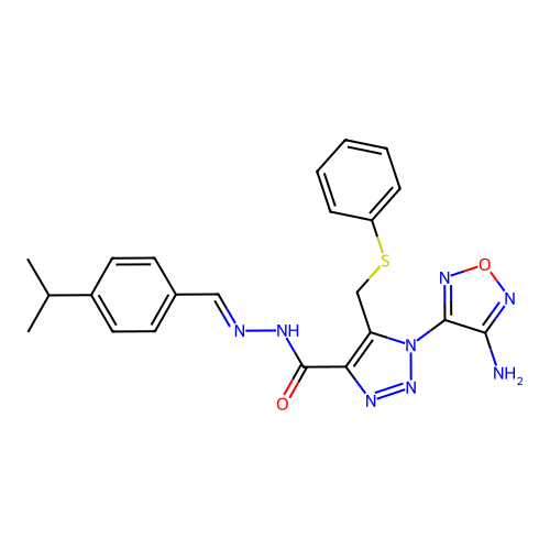 (E)-1-(4-amino-1,2,5-oxadiazol-3-yl)-N'-(4-isopropylbenzylidene)-5-((phenylthio)methyl)-1H-1,2,3-triazole-4-carbohydrazide structure
