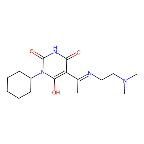 1-cyclohexyl-5-[1-(2-dimethylaminoethylamino)ethylidene]-1,3-diazinane-2,4,6-trione structure