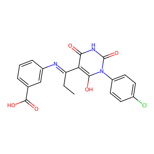 3-[1-[1-(4-chlorophenyl)-2,4,6-trioxo-1,3-diazinan-5-ylidene]propylamino]benzoic Acid structure