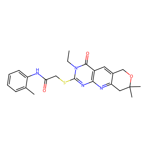 2-[(3-ethyl-8,8-dimethyl-4-oxo-3,6,8,9-tetrahydro-4H-pyrano[3',4':5,6]pyrido[2,3-d]pyrimidin-2-yl)sulfanyl]-N-(2-methylphenyl)acetamide structure