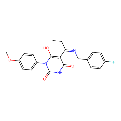 5-[1-[(4-fluorophenyl)methylamino]propylidene]-1-(4-methoxyphenyl)-1,3-diazinane-2,4,6-trione structure