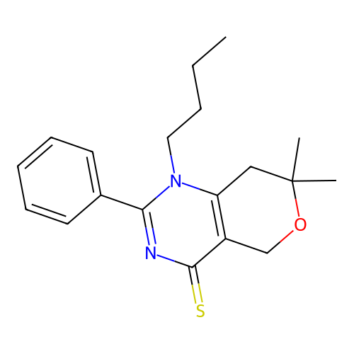 1-butyl-7,7-dimethyl-2-phenyl-1,5,7,8-tetrahydro-4H-pyrano[4,3-d]pyrimidine-4-thione structure