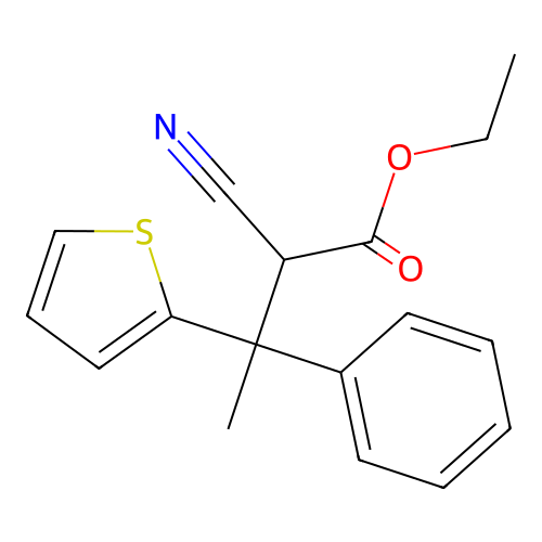 Ethyl 2-cyano-3-phenyl-3-(thiophen-2-yl)butanoate structure