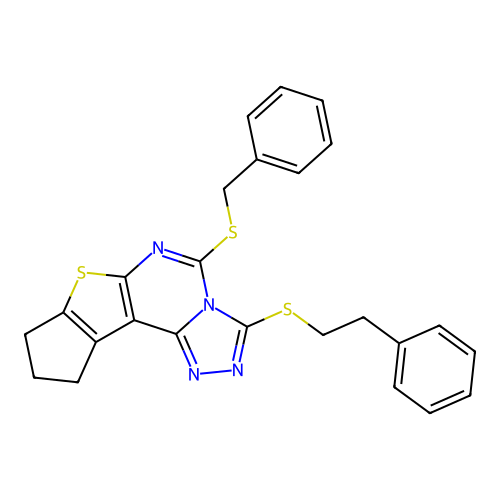 5-(benzylsulfanyl)-3-[(2-phenylethyl)sulfanyl]-9,10-dihydro-8H-cyclopenta[4,5]thieno[3,2-e][1,2,4]triazolo[4,3-c]pyrimidine structure