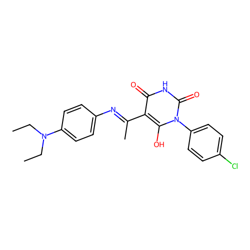 1-(4-chlorophenyl)-5-[1-[4-(diethylamino)anilino]ethylidene]-1,3-diazinane-2,4,6-trione structure