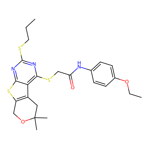 2-((6,6-dimethyl-2-(propylthio)-6,8-dihydro-5H-pyrano[4',3':4,5]thieno[2,3-d]pyrimidin-4-yl)thio)-N-(4-ethoxyphenyl)acetamide structure