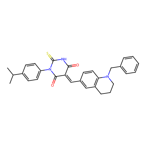 (5E)-5-[(1-benzyl-1,2,3,4-tetrahydroquinolin-6-yl)methylidene]-1-[4-(propan-2-yl)phenyl]-2-sulfanylpyrimidine-4,6(1H,5H)-dione structure