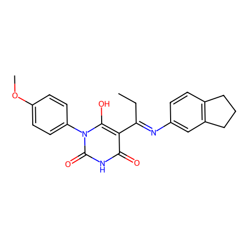(E)-5-(1-((2,3-dihydro-1H-inden-5-yl)amino)propylidene)-1-(4-methoxyphenyl)pyrimidine-2,4,6(1H,3H,5H)-trione structure