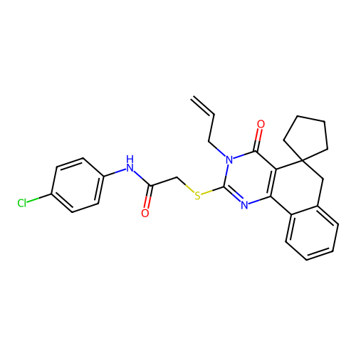 2-((3-allyl-4-oxo-4,6-dihydro-3H-spiro[benzo[h]quinazoline-5,1'-cyclopentan]-2-yl)thio)-N-(4-chlorophenyl)acetamide structure