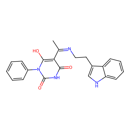 5-[1-[2-(1H-indol-3-yl)ethylamino]ethylidene]-1-phenyl-1,3-diazinane-2,4,6-trione structure