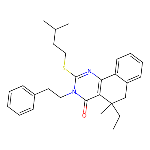 5-ethyl-2-(isopentylthio)-5-methyl-3-phenethyl-5,6-dihydrobenzo[h]quinazolin-4(3H)-one structure