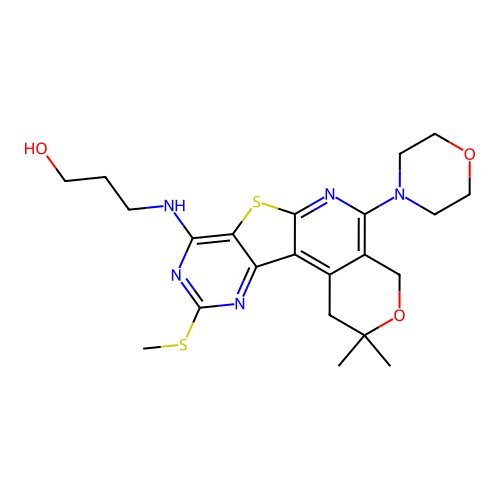 3-((2,2-dimethyl-10-(methylthio)-5-morpholino-2,4-dihydro-1H-pyrano[4'',3'':4',5']pyrido[3',2':4,5]thieno[3,2-d]pyrimidin-8-yl)amino)propan-1-ol structure