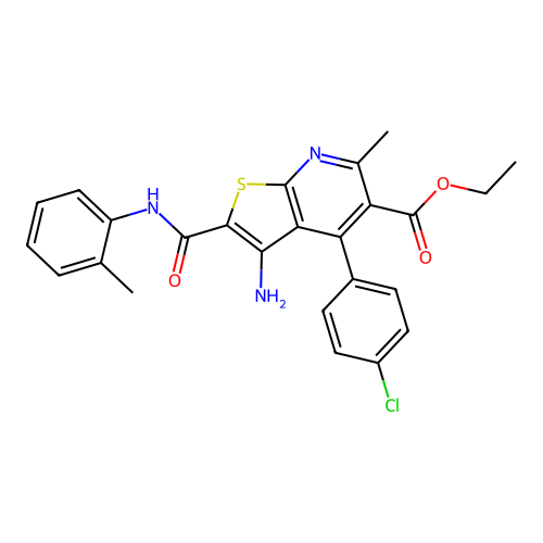 ethyl 3-amino-4-(4-chlorophenyl)-6-methyl-2-[(2-methylphenyl)carbamoyl]thieno[2,3-b]pyridine-5-carboxylate structure