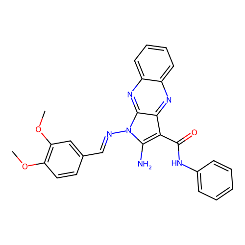 (E)-2-amino-1-((3,4-dimethoxybenzylidene)amino)-N-phenyl-1H-pyrrolo[2,3-b]quinoxaline-3-carboxamide structure