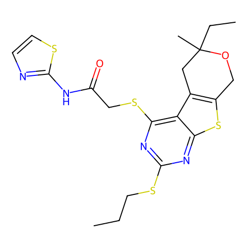 2-((6-ethyl-6-methyl-2-(propylthio)-6,8-dihydro-5H-pyrano[4',3':4,5]thieno[2,3-d]pyrimidin-4-yl)thio)-N-(thiazol-2-yl)acetamide structure