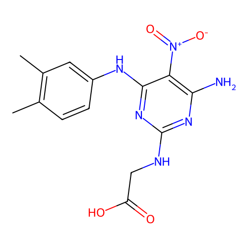 N-{4-amino-6-[(3,4-dimethylphenyl)amino]-5-nitropyrimidin-2-yl}glycine structure