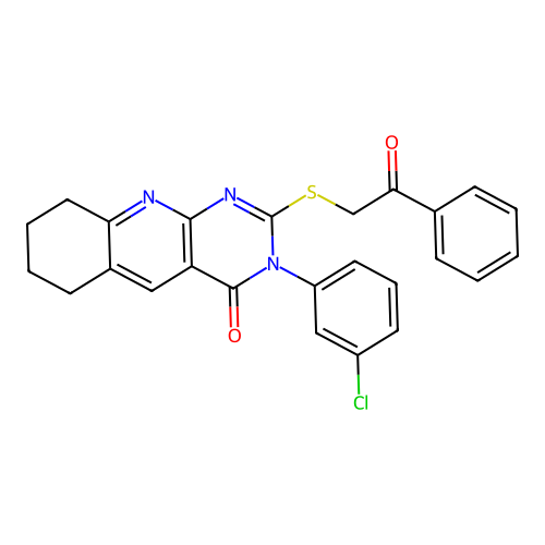 3-(3-chlorophenyl)-2-phenacylsulfanyl-6,7,8,9-tetrahydropyrimido[4,5-b]quinolin-4-one structure