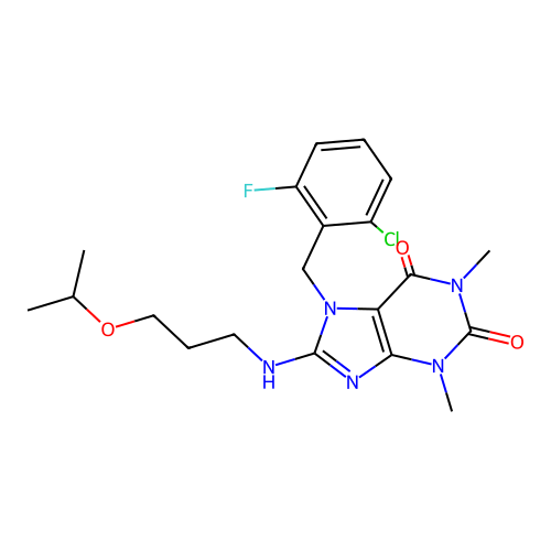 7-(2-chloro-6-fluorobenzyl)-1,3-dimethyl-8-{[3-(propan-2-yloxy)propyl]amino}-3,7-dihydro-1H-purine-2,6-dione structure