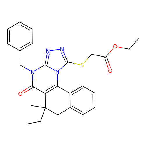 ethyl [(4-benzyl-6-ethyl-6-methyl-5-oxo-4,5,6,7-tetrahydrobenzo[h][1,2,4]triazolo[4,3-a]quinazolin-1-yl)sulfanyl]acetate structure