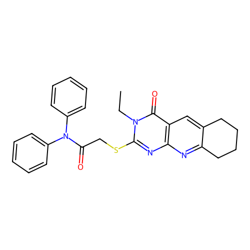 2-((3-ethyl-4-oxo-3,4,6,7,8,9-hexahydropyrimido[4,5-b]quinolin-2-yl)thio)-N,N-diphenylacetamide structure