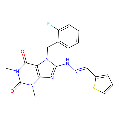 (E)-7-(2-fluorobenzyl)-1,3-dimethyl-8-(2-(thiophen-2-ylmethylene)hydrazinyl)-1H-purine-2,6(3H,7H)-dione structure