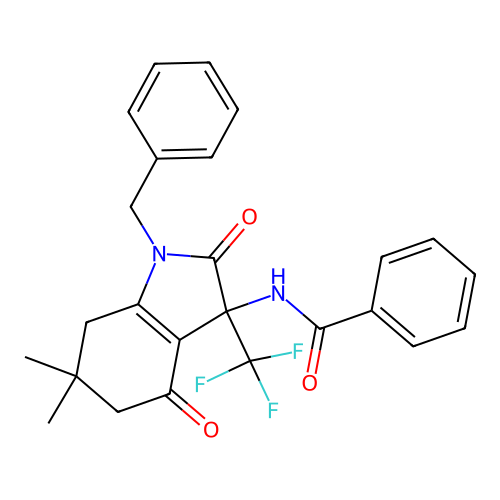 N-[1-benzyl-6,6-dimethyl-2,4-dioxo-3-(trifluoromethyl)-5,7-dihydroindol-3-yl]benzamide structure