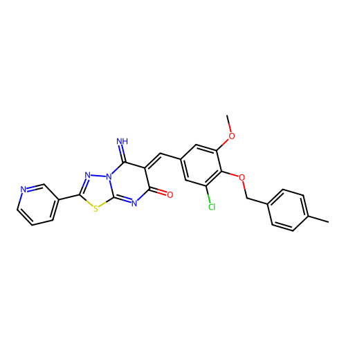 (6Z)-6-[[3-chloro-5-methoxy-4-[(4-methylphenyl)methoxy]phenyl]methylidene]-5-imino-2-pyridin-3-yl-[1,3,4]thiadiazolo[3,2-a]pyrimidin-7-one structure