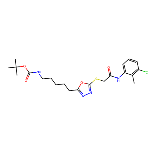 tert-butyl (5-(5-((2-((3-chloro-2-methylphenyl)amino)-2-oxoethyl)thio)-1,3,4-oxadiazol-2-yl)pentyl)carbamate structure
