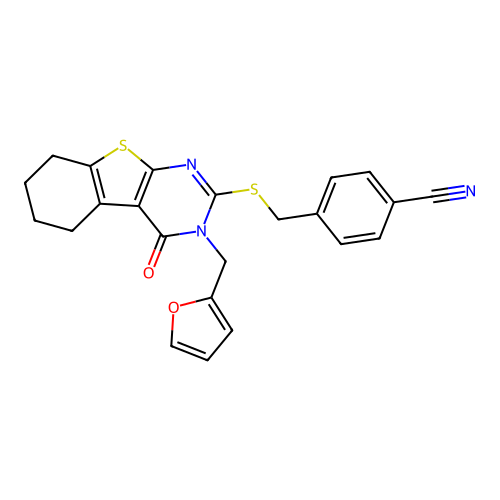 4-(((3-(furan-2-ylmethyl)-4-oxo-3,4,5,6,7,8-hexahydrobenzo[4,5]thieno[2,3-d]pyrimidin-2-yl)thio)methyl)benzonitrile structure