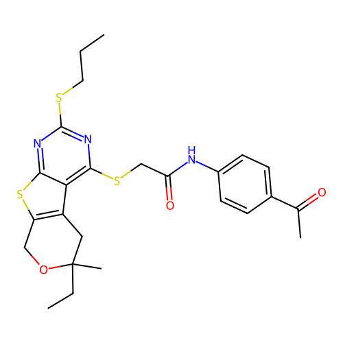 N-(4-acetylphenyl)-2-((6-ethyl-6-methyl-2-(propylthio)-6,8-dihydro-5H-pyrano[4',3':4,5]thieno[2,3-d]pyrimidin-4-yl)thio)acetamide structure